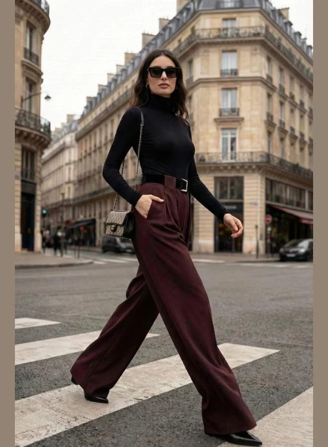 ليلا بنطلون نسائي واسع الساق بخصر عالٍ مع حزام